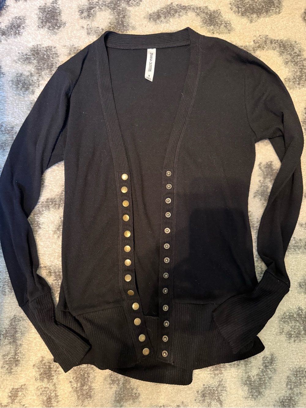Zenana Outfitters Black Snap-Front Cardigan with Gold-Tone Accents